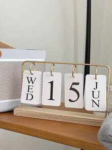 1pc Wooden Desktop Perpetual Calendar - Metal & Wooden Month/Date Display, Golden Finish, Reusable, Suitable For Teacher/Student Office Decor - Classroom Supplies, Farmhouse Decor, Teacher's Day Gift, Desktop Organizer, Retro Office Accessory, Vintage Calendar, Study Planner - Multicolor - View 5