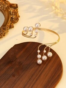 1pc Summer New Chic Geometric Pearl Armband & Finger Ring, Fashion Exaggerated Alloy Metal Adjustable Bracelet/Ring, Beach Holiday Wear - Gold - View 7