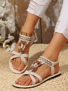 Fashion Woven Breathable Sandals, Beaded Design Flat Beach Sandals, New Stretch Band Beige Sandals