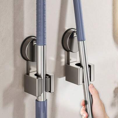 2 piezas/1 pieza Soporte de ventosa para mopa, material ABS sin taladro gris arma y blanco cremoso, gancho montado al vacío para escoba y mopa en baño y cocina, diseño elegante y simple, adecuado para todas las estaciones