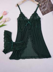 Set de 2 piezas (Ropa, Estampado) Vestido de encaje verde con volantes y escote en V talla grande tamaño y conjunto de lencería sexy con tanga para mujeres en Navidad