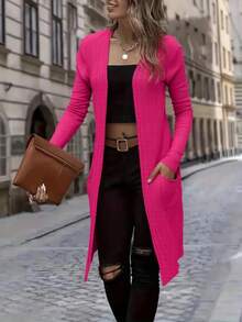 Women's Long Open Coat With Pockets Modal With Detail On The Collar And Back - Hot Pink - View 2