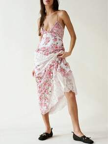 Women Patchwork Dress Y2k Floral Spaghetti Strap Cut Out Maxi Dress Sexy Bodycon Backless Summer Beach Sundress - 粉色 - 查看 5