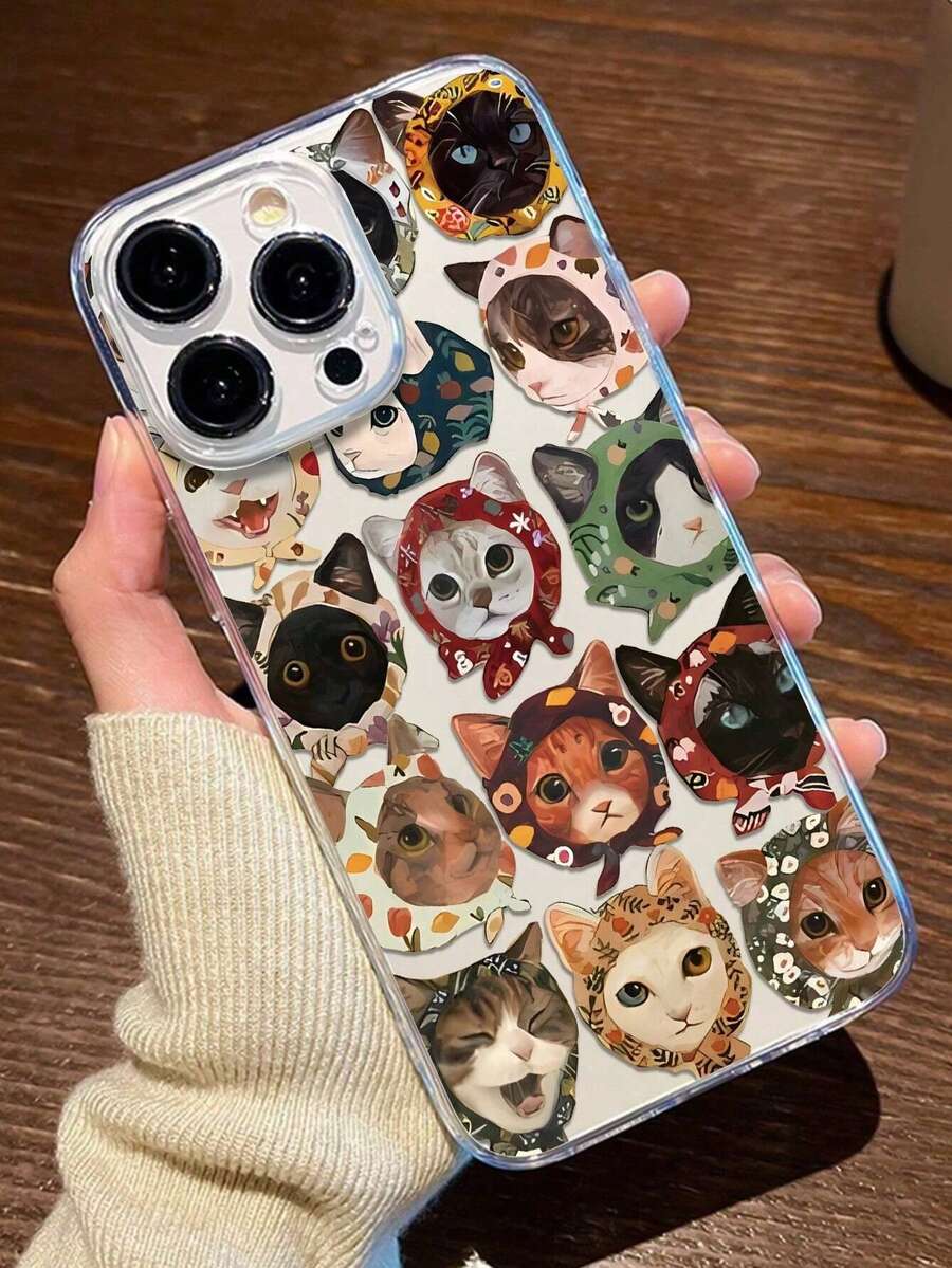 1pc Transparent TPU Full Body Cat Pattern Anti-Fall Anti-Fingerprint Phone Case Compatible With IPhone 11 12 13 14 15 16 - Multicolor - View 1