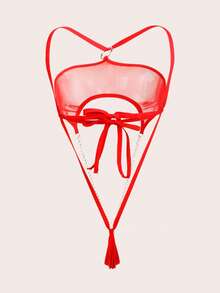 Women's One-Piece Plain Micro-Transparent Chain Sexy Bodysuit - Red - View 6