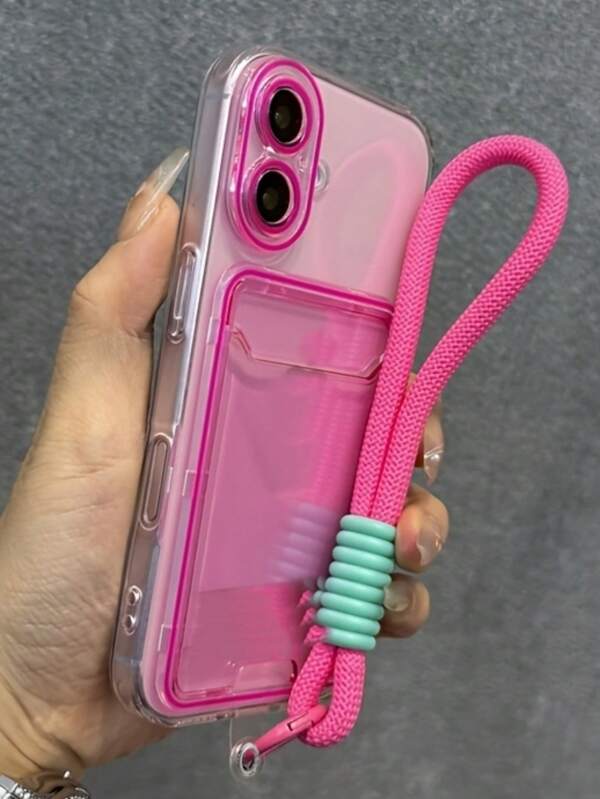 Porte-clés, Cordon 1 pièce Étui de téléphone en TPU transparent de couleur bonbon mignon avec fente pour carte et cordon court compatible avec 16 15 14 13 12 11 Pro Max