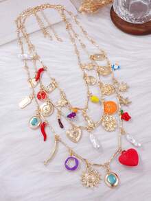 1pc Retro Drip-Oil Red Heart Alloy Sunflower Pendant Necklace, Multi-Layered Wear - Gold Necklace With Heart Pendant - View 6