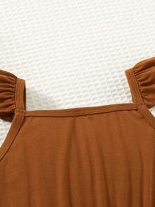 3pcs/Set Young Girls Cute Square Collar Sleeveless Casual Jumpsuit Dress - 咖啡棕 - 查看 9