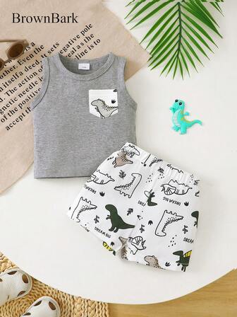 BrownBark 2pcs Baby Boys' Soft & Comfortable Casual Outfit, Sleeveless Crew Neck Cute Dinosaur Pattern Top & Shorts Set, Lively & Adorable Style Suitable For Summer Outings