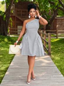 BIUBIU Women's Plus Size Striped Asymmetrical Single Shoulder Sleeveless Striped Printed Short Mini Dress, Suitable For Passionate Vacations, Daily Leisure Commuting, Fashionable Street Style