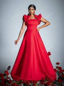 Sleeveless Ruffled-Trim Formal Dress - Timeless Elegant Gown With Fitted Bodice & Flowy Silhouette For Spring-Summer Weddings, Galas, Receptions, Red Carpet, Party Dress, For Cocktail
