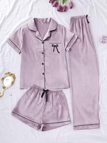 3pcs/Set Women Solid & Bow Print Pocket Short Sleeve Top & Shorts & Pants Pajama Set, Suitable For Spring, Summer - Mauve Purple - View 5
