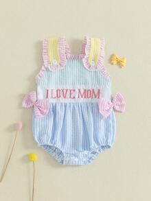 Mono de bebé niña recién nacida con burbujas quot;Amo a mamá/papáquot;, bordado, sin mangas, seersucker, a rayas, con bloques de color, con lazo, mono de lino y algodón, mono de verano, atuendo para mi primer Día de la Madre y el Día del Padre. - Verde - Ver 6
