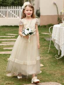 Vestido de verano elegante para niña con aplicaciones de encaje y tela de malla - Champán - Ver 1