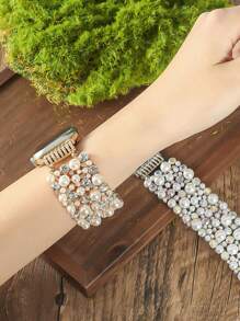 1pc Pearl Diamond Watch Band Stylish Unique Elastic Strap For Men Women Compatible With Apple Watch 38mm To 49mm Watch Band Perfect For Weddings Vacations Graduation And Back To School Gifts