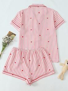 2 件套舒适粉色和白色条纹心形印花翻领纽扣短袖上衣带口袋和蝴蝶结短裤睡衣/家居服套装女士春夏季适合居家使用