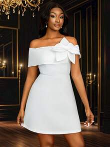 Vestido de novia, fiesta, ducha nupcial, graduación con hombros descubiertos, mangas abullonadas, silueta evasé con flores 3D, vestido mini para mujer