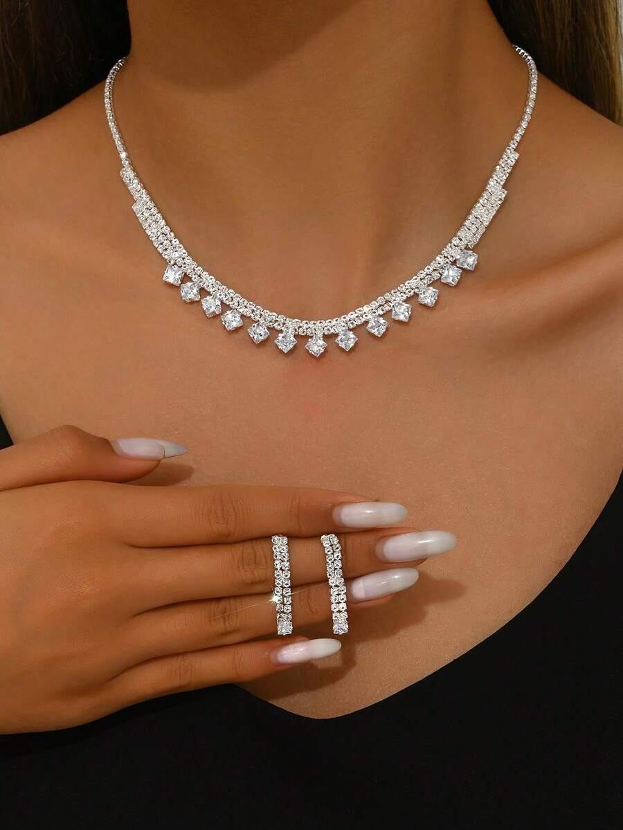 1 Set V-Shaped Geometric Cubic Zirconia Claw Chain Earrings And Necklace, Suitable For Wedding And Evening Wear - Silver - View 1