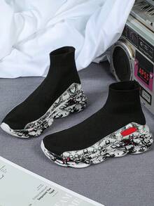 轻便透气休闲个性魅力步行鞋，时尚高级一脚蹬便捷旅行步行鞋，黑色时尚休闲袜鞋，带图案鞋底，男士学校/节日礼物鞋，春夏 - 黑色 - 查看 5