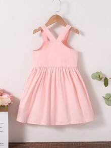 Toddler Girls Ice Cream Print Woven Sleeveless Dress, Fresh White Color With 3D Flower Decor, Adorable And Unique, Suitable For Family Gathering, Casual Outdoor Wear, Soft Breathable Fabric, Keeping Kids Cool In Summer, Fits 4-7 Years Old, Spring/Summer - Pink - View 2