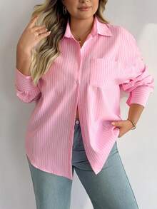 PoPoHouse Women's Plus-Size Shirt Spring Summer Casual Office Commuting Striped Solid Color Front Buckle Long-Sleeved Plus-Size Shirt - Pink - View 4