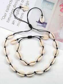 1 Set Original Design Shells Necklace Bracelet Natural Seashells Knit Chain Rope Girl Choker Bracelets Jewelry Gift Adjustable - Black - View 4