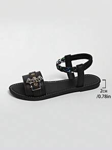 Women Solid Color Bat Decor Fashion Sandals With Buckle Waist Belt Studded, Lightweight Flat Slip-On Slippers, Non-Slip Summer Shoes - Black - View 8