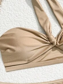 3 Piece/Set Stylish Solid One Shoulder Bikini Set With Short Skirt For Women Summer Swimsuits Beach Outfit - Coffee Color - View 5