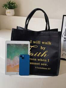 Ensemble de sacs fourre-tout inspirants, imprimés avec la phrase motivante en or "Je marcherai par la foi même quand je ne peux pas voir", comprenant 1 sac fourre-tout, 1 sac cosmétique, 1 sac de rangement pliable et 1 petit étui à maquillage en lin - Noir - Voir 5