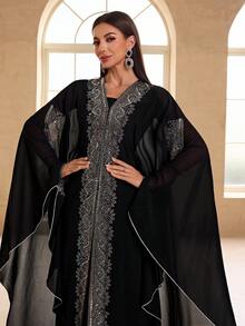 YISIKADO Women Modest Festival Dress Arabic Style Rhinestone Chiffon V-Neck 2 Pieces Set Prom Party Long Dress Turkish Style Hooded Long Sleeve Dress Kaftan Arabian Dress,Gown,Formal,Evening,Wedding Guest - Black - View 7