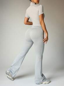 Women's Yoga Workout Set: Short Sleeve Zip-Up Jacket And High-Waisted Flare Pants - Moisture-Wicking, 4-Way Stretch, Suitable For Yoga, Pilates, Gym Workouts (Multiple Colors/Sizes Available)