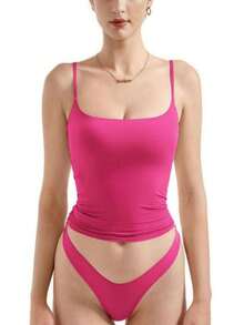 QUEENTI Women's Summer Stretch Camisole-Spaghetti Strap Bottom Shirt - 玫紅色 - 查看 1