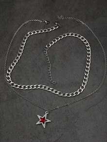 2pcs Rhinestone Star Pendant Necklace, Stainless Steel Choker Chain For Men, Hipster Cool Design Jewelry Accessories - Silver - View 4