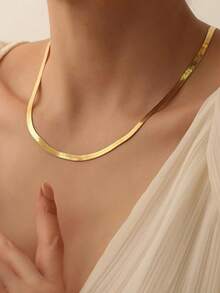 1pc Knife Edge Snake Bone Chain Necklace, Versatile Flat Snake Chain Stainless Steel Minimalist Necklace - Yellow Gold - View 5