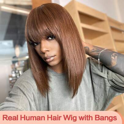 Remy Human Hair Brown Bob Wig With Bangs 12 Inch Short Bob Wig Straight Human Hair Wig Elegant Dark Brown Colored Glueless Wig None Lace Front Full Machine Made (Bob Wig 8-14inch)