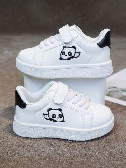 1 Pair Kids Unisex Versatile Casual White Sneakers, Comfortable Breathable Cartoon Embroidered Flat Student Shoes, Fashion Campus Style Flat Running Sports Shoes