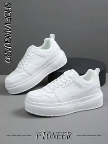 Men's Classic Solid Color Leather Splicing Thick-Sole Shock-Absorbing Flat Non-Slip Sneakers, Outdoor Classic Street Cool Daily Versatile Solid Color Casual Shoes - White - View 2