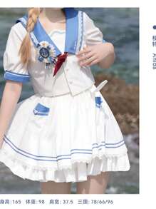 Gotea Girl's Sailor Uniform Set, Blue Navy Academy Style Short Sleeve Summer Set (Comes With Tie)