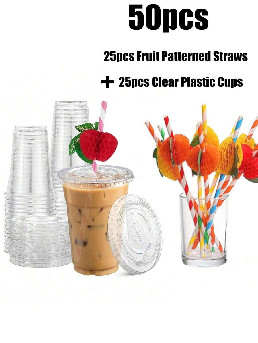 25/50 pezzi Cannucce di carta decorate a fantasia di frutta e bicchieri di plastica trasparente con cannuccia e coperchio, bicchiere di plastica trasparente con coperchio, set per festa tropicale, bicchiere di plastica da 17 once, adatto per caffè freddo, smoothie, frullati e qualsiasi bevanda fredda, forniture scolastiche