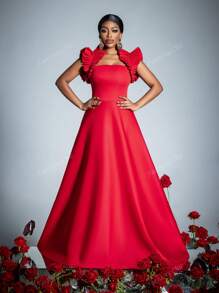 Sleeveless Ruffled-Trim Formal Dress - Timeless Elegant Gown With Fitted Bodice & Flowy Silhouette For Spring-Summer Weddings, Galas, Receptions, Red Carpet, Party Dress, For Cocktail