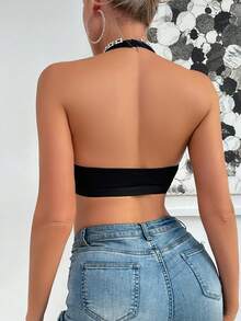 1pc Women's Solid Color Cross-Front Halter Bra, Comfortable Underwear - Black - View 2