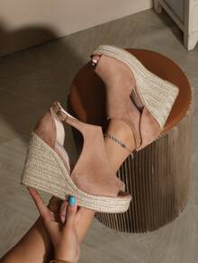 Velvet Fashion Button Closure Slip-On Wedge Sandals With Rope Accent, Fashionable & Lightweight - Camel - View 3