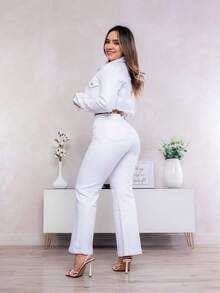 Jeans Cargo de Alta Elasticidad para Mujer con Bolsillos 3D - Denim Casual, Lavable a Máquina, Comodidad para Todas las Estaciones - Blanco - Ver 4