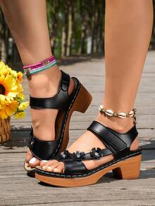 Fashionable Women's High Heel Sandals, Lightweight & Comfortable Chunky Heel Platform With Faux Wood Grain, Buckle & Hook And Loop Closure Roman Style Sandals, Black, New Spring/Summer 2025 - Black - View 1