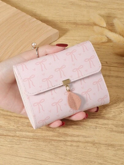 粉色蝴蝶结爱心图案包小钱包零钱包小钱包双折女士钱包迷你女士时尚钱包带多个卡槽和身份证窗口非常适合户外旅行和返校