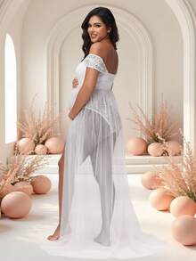 Irresista Maternity Lace See-Through Short Sleeves Bodysuit With Sexy Mesh Tail Photoshoot Jumpsuit - White - View 2