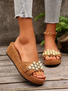 Women's Fashion Pearl Decor Wedge Slide Sandals, Suitable For Wedding, Party, Vacation, Casual Wear, Thick-Soled Slippers