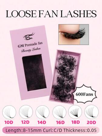 每盒 600 片装预制扇形睫毛尖头底座散装扇形睫毛 10D/12D/14D/16D/18D/20D 预制扇形睫毛 0.05 毫米厚度 8-15 毫米 D 卷曲睫毛用于睫毛延长