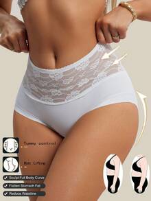 1pc High Waist Postpartum Lace Detail Seamless Tummy Control Shapewear Pants For Women, Panty - White - View 3