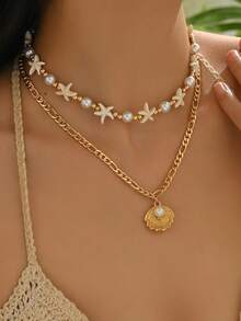 2 件套夏季波西米亚海浪珍珠串珠海星和贝壳吊坠项链，女士时尚金属首饰适合日常佩戴、海滩度假和派对 - 金色 - 查看 2